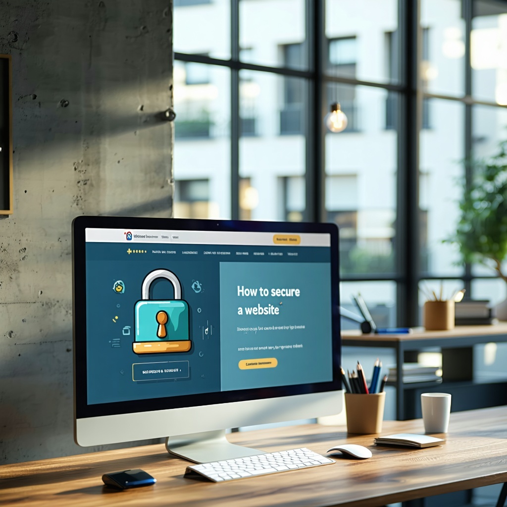 Modern office with a computer screen displaying a secure website featuring an 'https://' URL, green padlock icon, and SSL certificate badge with a lock graphic. The screen also shows a login form with '2FA Enabled' and a smartphone icon, a 'Web Application Firewall (WAF)' shield, and a 'Software Update' calendar notification. A faint cloud backup symbol hovers in the background. The website design is clean and responsive, with a split-screen showing a mobile-friendly layout. Subtle keywords like 'website security for small businesses' are embedded. A glass door with a lock sticker and blurred professionals in the background enhance the professional, secure atmosphere.
